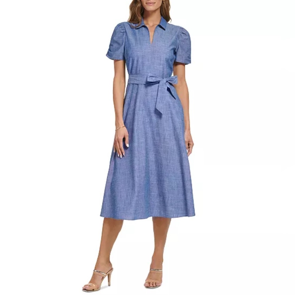 NWT DKNY Women's Ruched-Sleeve Belted Shirtdress
